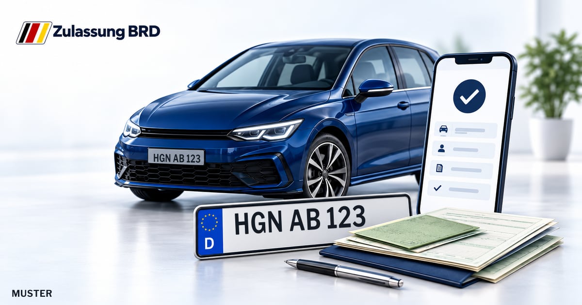Online Fahrzeugzulassung in Boizenburg: Musterkennzeichen HGN AB 123, Auto und Fahrzeugpapiere und Smartphone. Illustration mit Logo von Zulassung BRD.